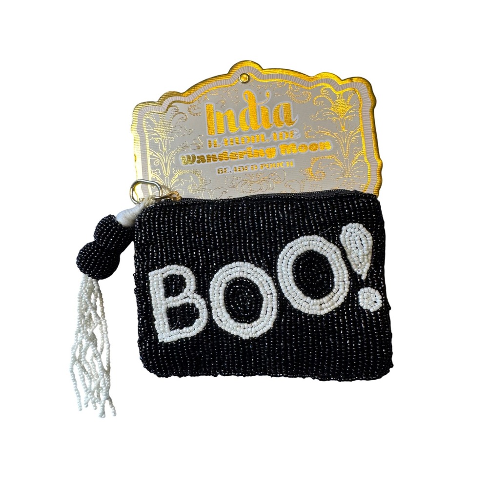 Wandering Moon Handmade Beaded Ghost Pouch Black White Halloween Boo Coin Purse